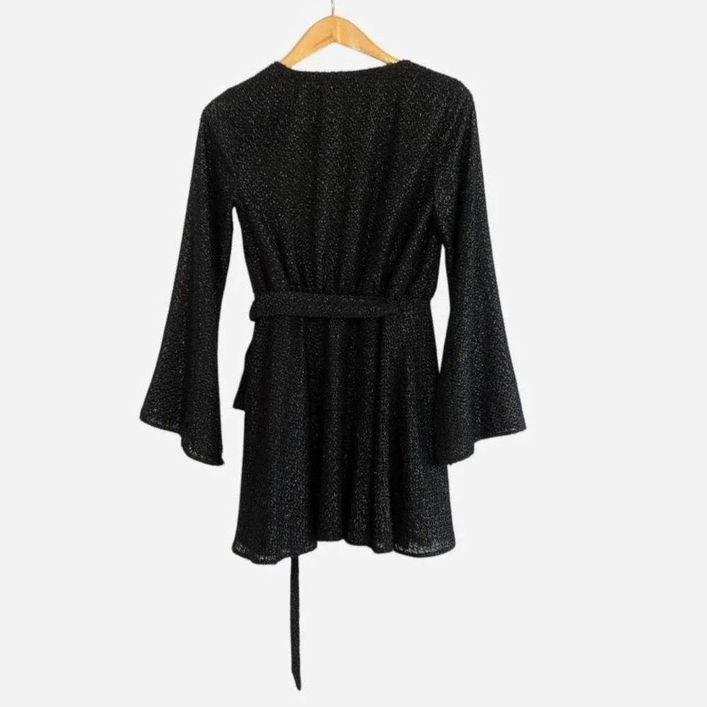 L'Academie The Wrap Mini Dress Black Metallic Eyelash Fringe NWOT Small - Picture 5 of 11